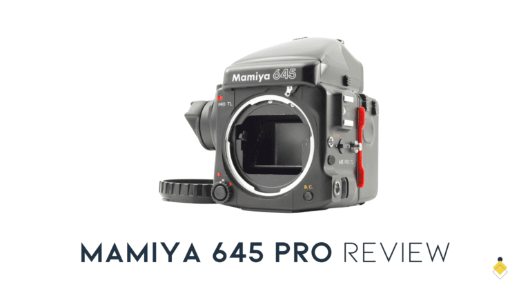 A black Mamiya 645 Pro camera with a lens.
