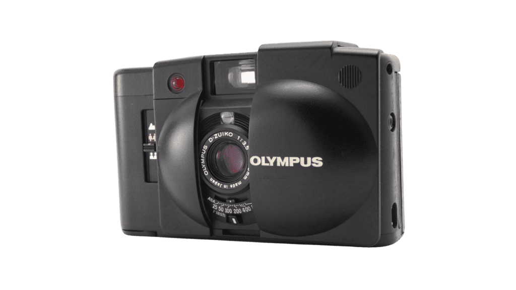 A black Olympus camera on a white background is the best point and shoot film camera available.