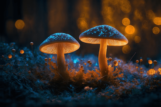 Captivating mushroom photography at night in the forest, illuminated by enchanting bokeh lights.