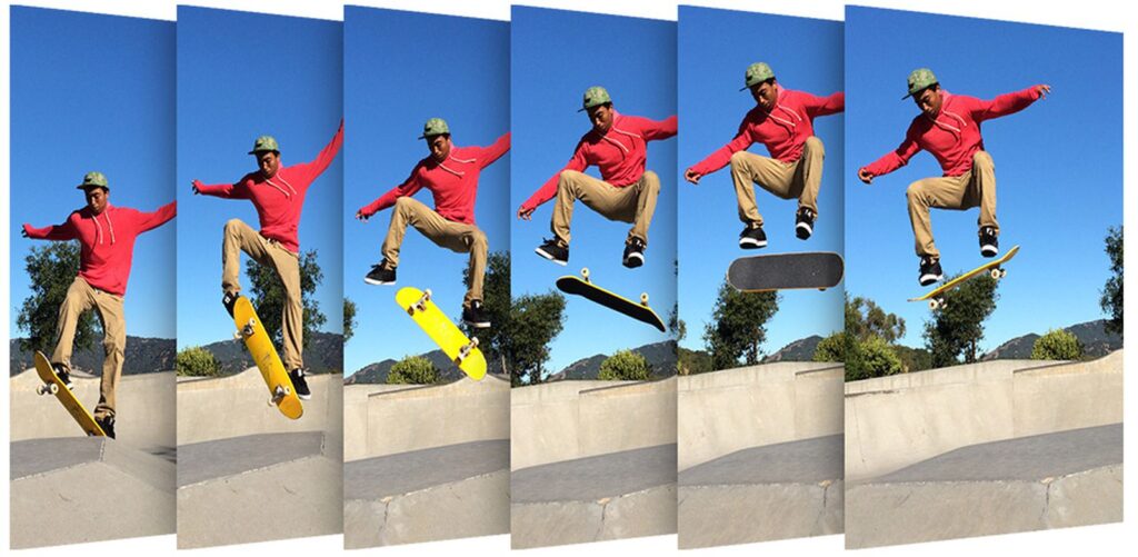 A skateboarder is doing tricks on a ramp while capturing the moments using Burst Mode on an iPhone.