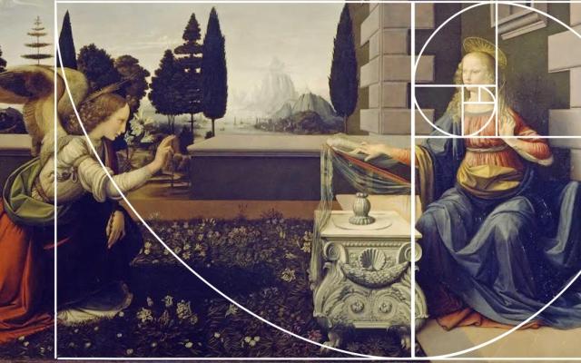 A Golden Ratio Art painting featuring an angel surrounded by a mesmerizing golden spiral.