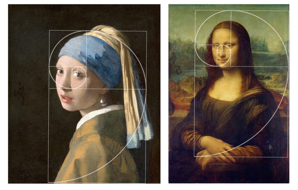 A comparison of a painting of a girl and the Mona Lisa, exploring the influence of the Golden Ratio in art.