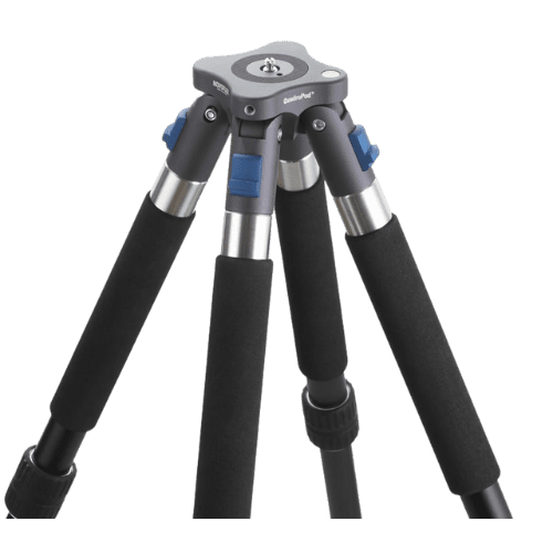 A detailed close up of a tripod with three legs.