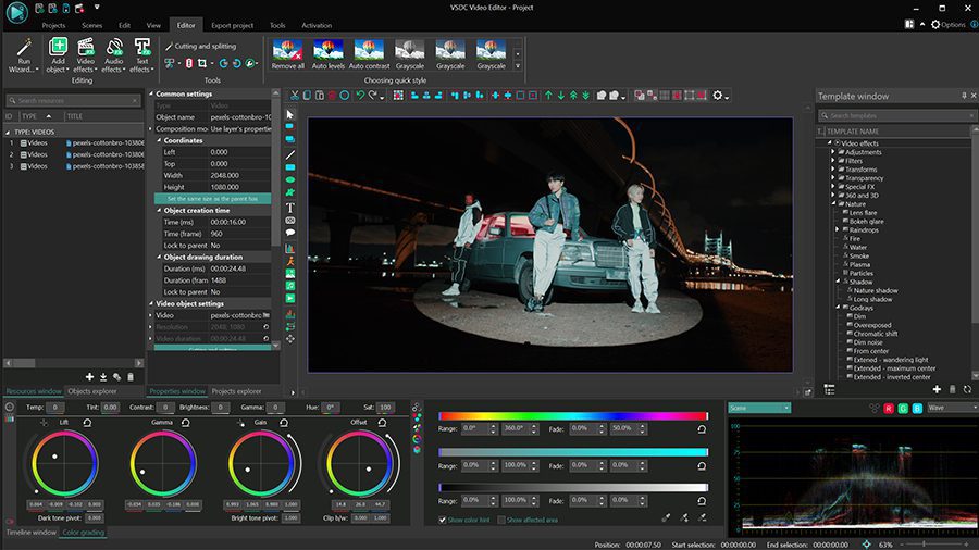 Screenshot of a video editing software interface showing color grading tools and a clip of two men by a car at night.