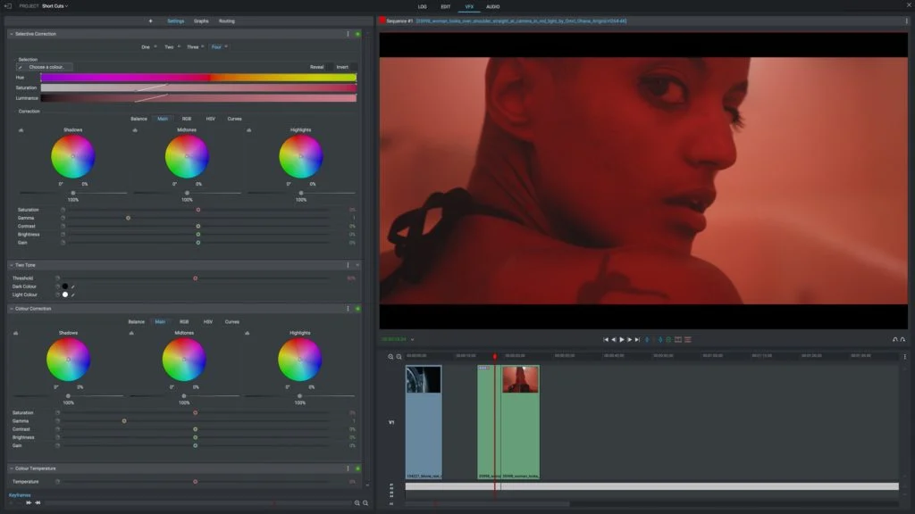 Video editing software interface with a color grading screen, showing an image of a woman's face in a red hue.