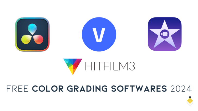Five logos of free color grading software for 2024, including icons for davinci resolve, hitfilm3, and others, displayed above the text "free color grading softwares 2024.