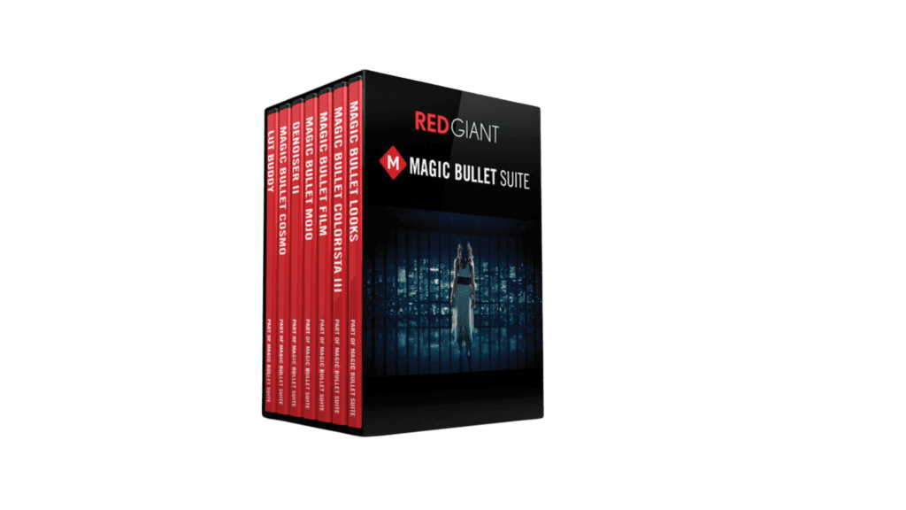 A digital image of the red giant magic bullet suite software package, featuring nine red and black boxes with a cinematic graphic on the central box.