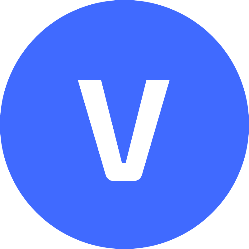 Logo of the letter "v" in a bold white font centered on a blue circular background.