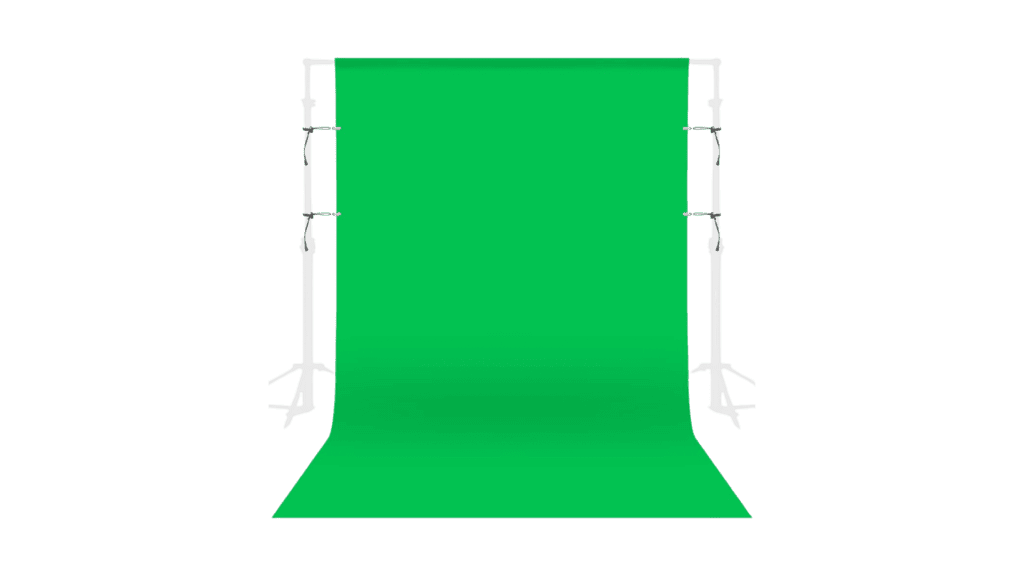A green chroma key headshot background held by two metal supports on a plain dark green background.