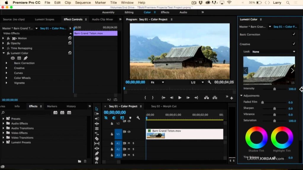Screenshot of adobe premiere pro interface showing video editing tools, color correction settings, and a clip of a mountainous landscape in the timeline.