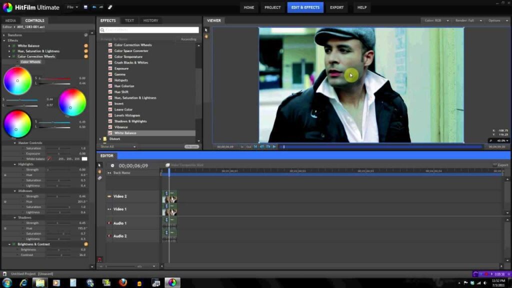 A screenshot of a video editing software interface with color correction tools applied to a video clip of a man speaking.