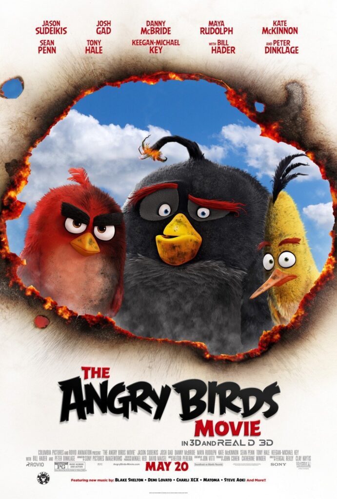 Poster of "The Angry Birds Movie," featuring stylized birds Red, Bomb, and Chuck against a backdrop of a burnt border. The release date at the bottom is May 20, and the cast names are listed at the top.