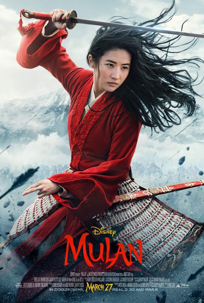 Promotional poster for Disney's "Mulan" showing a woman in a red outfit wielding a sword against a backdrop of mountains, with the movie's title and release date at the bottom.