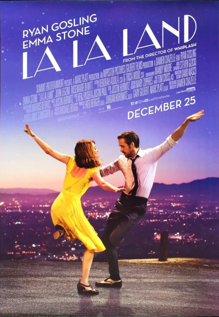 Movie poster for "La La Land" showing a dancing couple on a hill with city lights in the background, starring Ryan Gosling and Emma Stone. Release date: December 25.