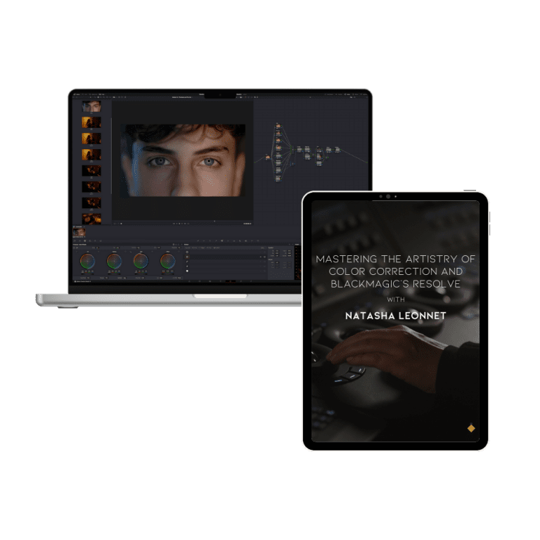 A laptop displays video editing software featuring an image of a person's eyes. Next to it, a tablet showcases the course "Mastering the Artistry of Color Correction and Blackmagic's Resolve" from Artistic Hive, promising to hone your skills to professional levels.