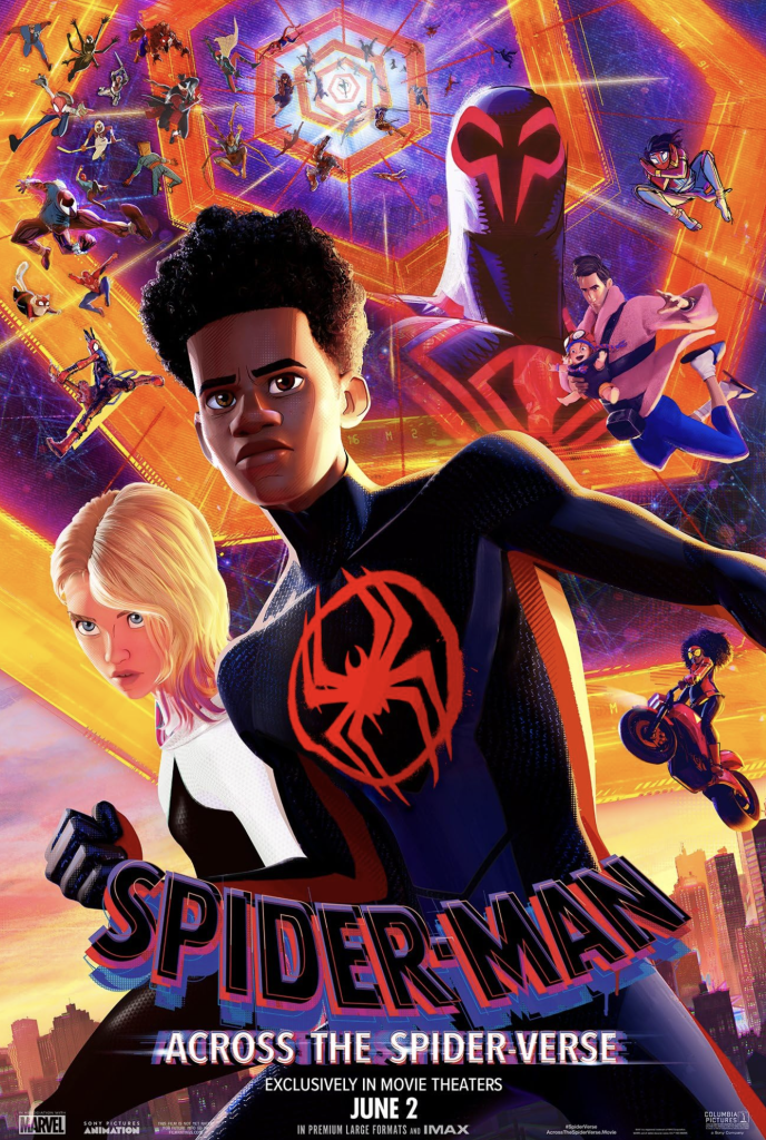 Poster of "Spider-Man: Across the Spider-Verse" featuring various Spider-Man characters in dynamic poses, with a vibrant, colorful background.