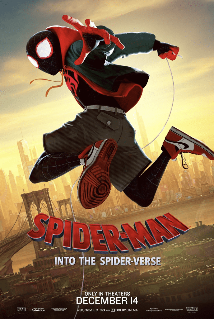 Poster of "Spider-Man: Into the Spider-Verse" shows a Spider-Man figure in mid-air over a city skyline, with a release date of December 14.