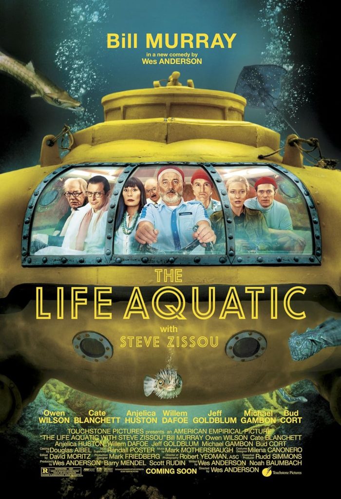 Movie poster for "The Life Aquatic with Steve Zissou," showcasing a diverse cast inside a vividly color-graded yellow submarine. Text includes film title and credits.