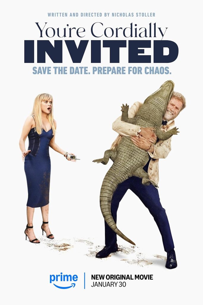 A woman in a blue dress gazes at a man in a torn suit holding a large crocodile. The text above reads "You're Cordially Invited" and promotes a new movie, whose stunning visuals rival the best color grading course, releasing January 30 on Prime.