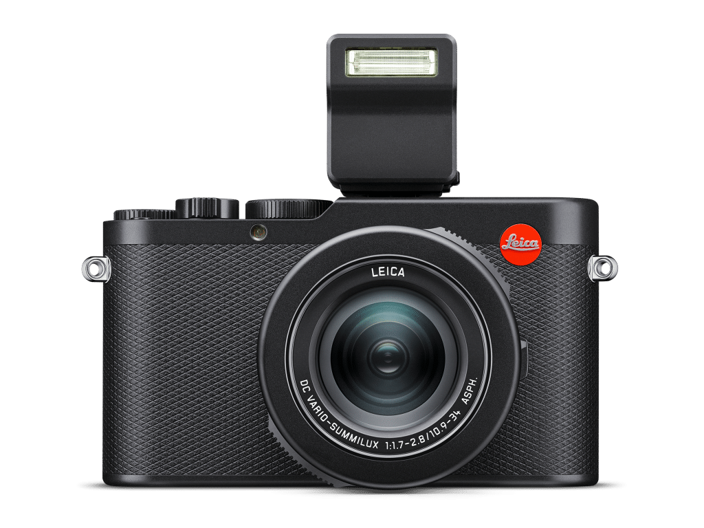 Front view of a Leica camera with a raised flash, showing the lens and brand logo on a black background.