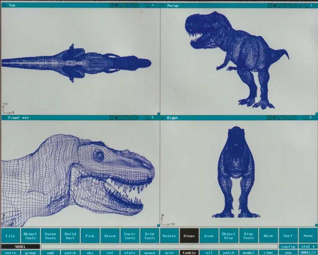 The CAD software interface reveals a stunning 3D wireframe model of a T. rex, viewable from top, front, side, and rear angles. It's a vivid illustration of CGI (Computer Generated Imagery) capabilities.