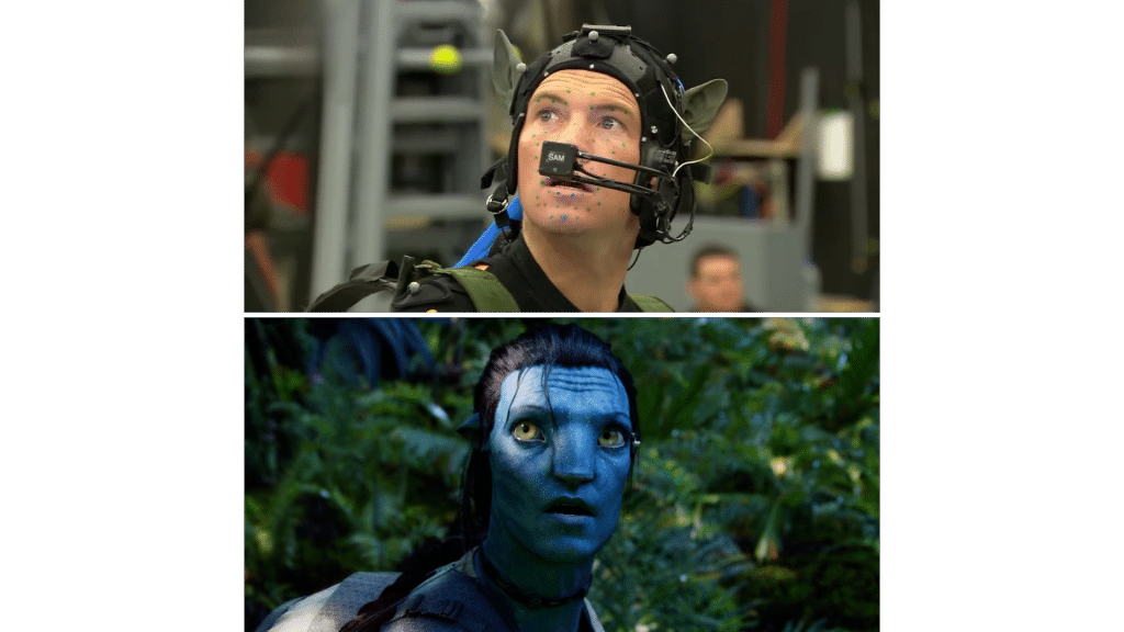 Top: Person in motion capture suit with facial sensors, illustrating CGI technology. Bottom: Blue-skinned animated character in a lush forest setting.