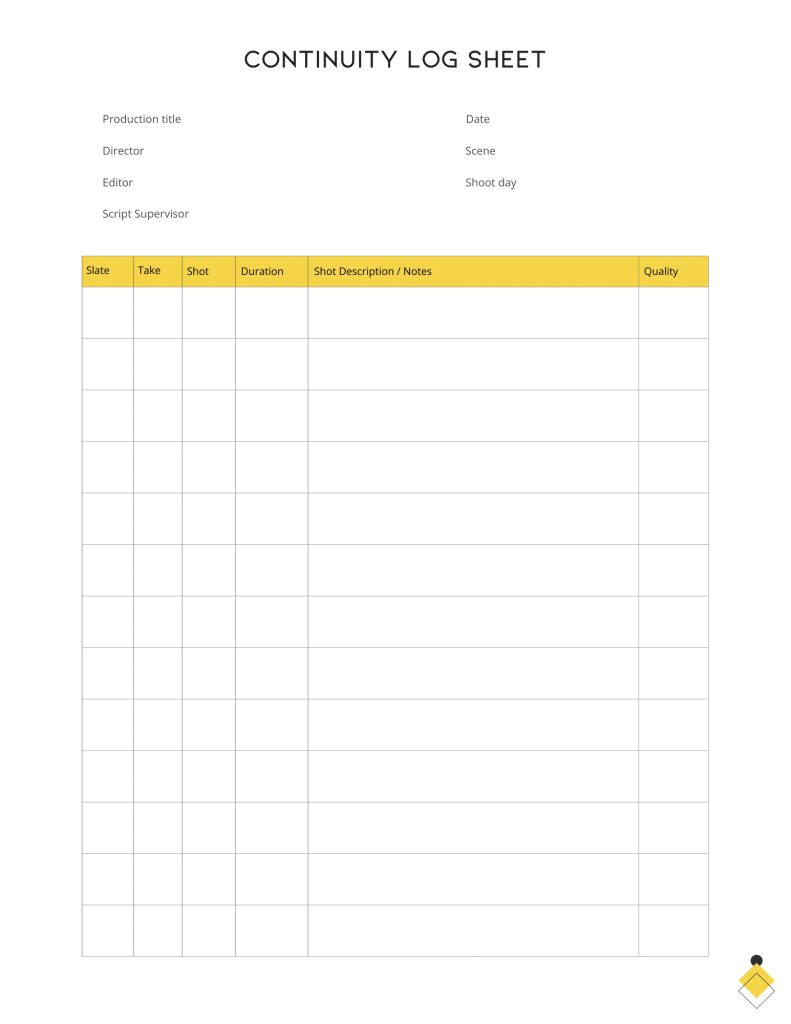 Script Supervisor Template: A streamlined continuity log sheet featuring sections for production title, date, director, scene, and editor. Includes a table to track shoot day details such as slate, take, shot duration, description, and quality.