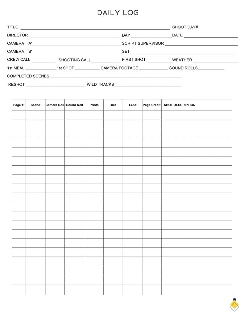 Film production daily log template seamlessly integrated with a script supervisor template, featuring sections for title, shoot details, crew info, scenes, camera rolls, and descriptions.