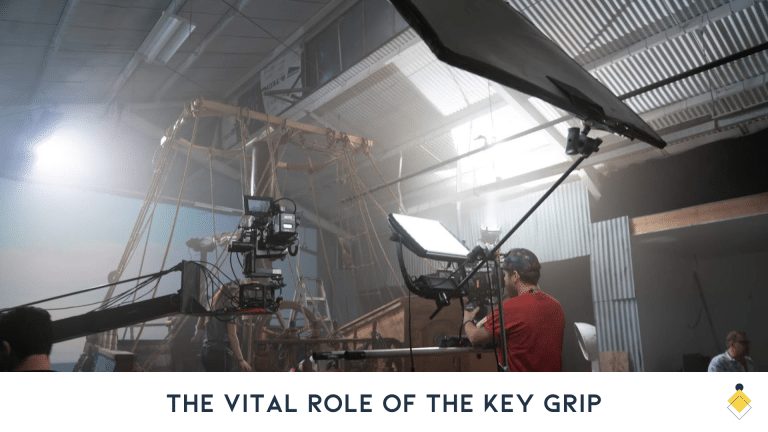 The film crew, led by the key grip, meticulously sets up cameras and lighting equipment on a set adorned with a wooden structure in the background.