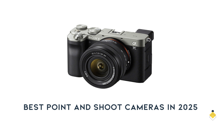 A black and silver compact digital camera with a lens and viewfinder is displayed against a white background, with text below reading "Best Point and Shoot Cameras in 2025.