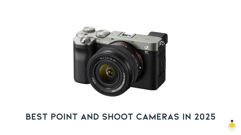 A black and silver camera with a zoom lens, featuring a viewfinder, sits against a plain white background. Text reads "Best Point and Shoot Cameras in 2025.