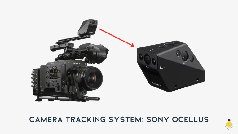 The Sony Ocellus camera tracking system is showcased elegantly, featuring a sleek camera unit and a distinct sensor, both seamlessly connected by a vivid red arrow.