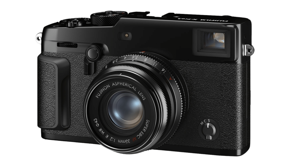 Black Fujifilm X-Pro2 camera with textured grip and 23mm Fujinon lens, featuring dials for settings adjustment and a viewfinder.