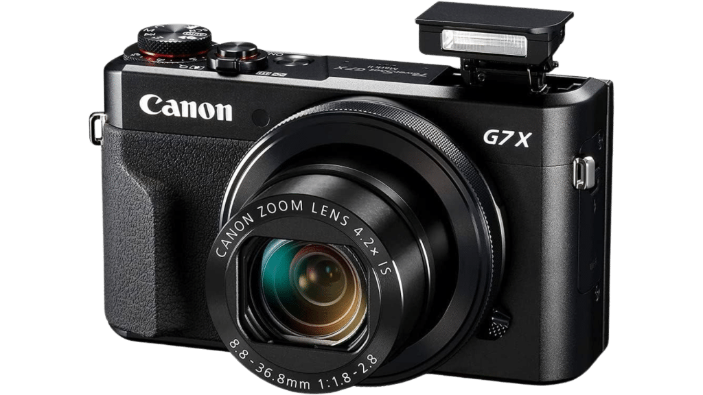 Canon G7 X camera with extended flash and visible lens markings, showing model details on the body.