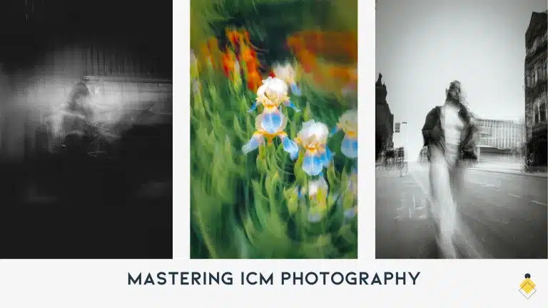 Three images showcasing ICM photography: a blurred monochrome scene, vibrant flowers with motion blur, and an urban street with a ghost-like figure.