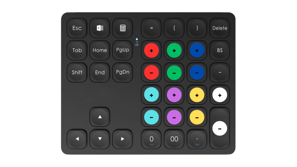 A sleek black keypad features various function keys on the left and a vibrant circular button section for calculations on the right, reminiscent of editing tools used to manage offset in DaVinci Resolve.