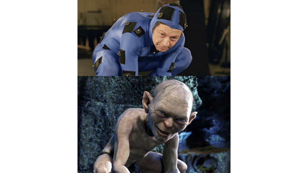 An actor in a motion capture suit crouches, mirroring Gollum from "The Lord of the Rings". It's a fascinating look at CGI, which stands for computer-generated imagery.