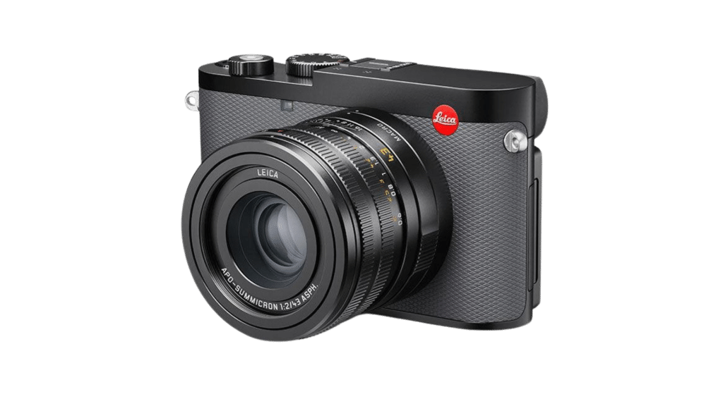 A black Leica camera with a textured body and a prominent lens, featuring control dials and a red Leica logo on the top right.