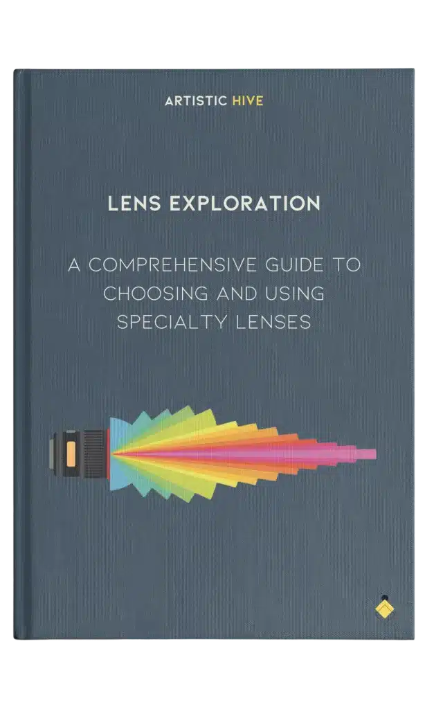 Cover of the book "Lens Exploration: A Comprehensive Guide to Choosing and Using Specialty Lenses" by Artistic Hive, featuring a colorful lens illustration on a gray background.