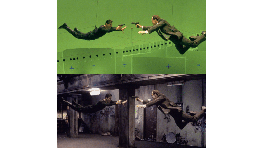 Two men in suits point guns at each other while suspended in mid-air. The top split shows a green screen setup, illustrating what CGI stands for, and the bottom reveals the final edited scene.