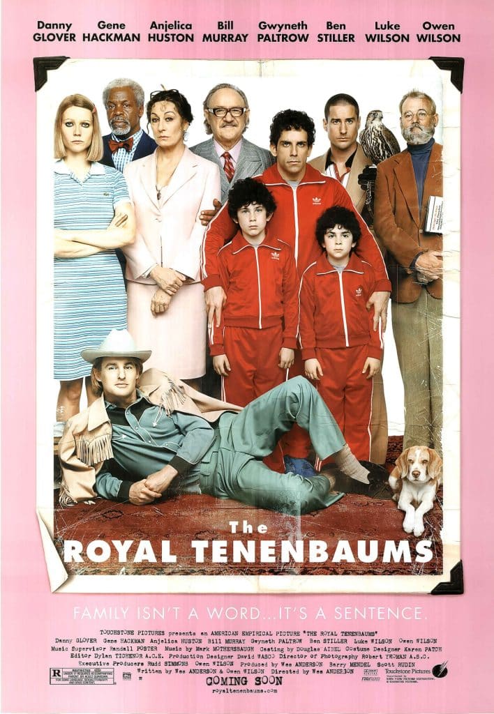 Poster for "The Royal Tenenbaums" showcases a group of individuals in eclectic outfits against a pink background, embodying the signature Wes Anderson color palette. The title and credits are neatly displayed at the bottom.