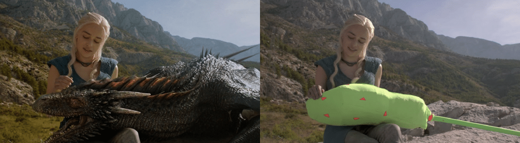 Amidst a breathtaking landscape, a person engages with a vibrant green prop shaped like a dragon, evoking the magic that makes you wonder, "What does CGI stand for?.