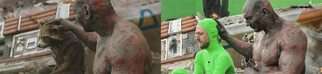 A scene comparison: On the left, a CGI raccoon is petted by a heavily tattooed character. On the right, the same tattooed character holds the head of a man in a green suit during filming, leaving one to wonder: what does CGI stand for and how does this magic come to life?.