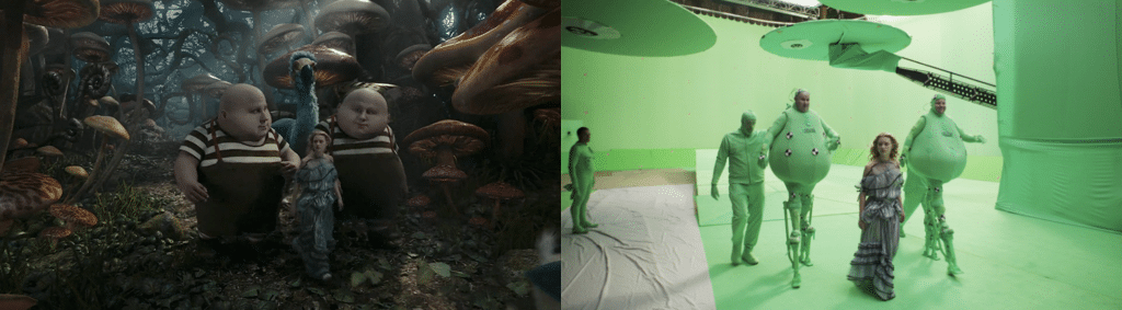 Split image: Left shows fantasy characters in a forest; right reveals the green screen set with actors in costumes, illustrating the incredible transformation CGI—computer-generated imagery—can achieve.