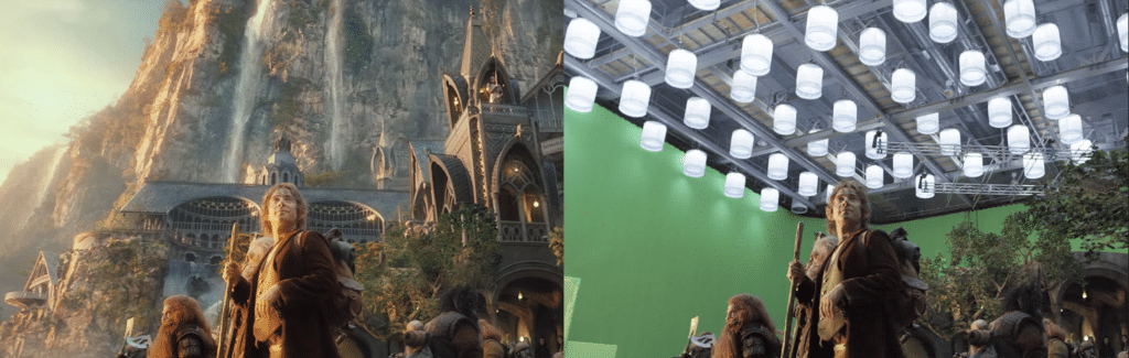 A side-by-side comparison reveals a fantasy scene with characters on the left, while the right showcases the magic behind it in a green screen studio, highlighting what CGI—computer-generated imagery—stands for in bringing such vivid worlds to life.