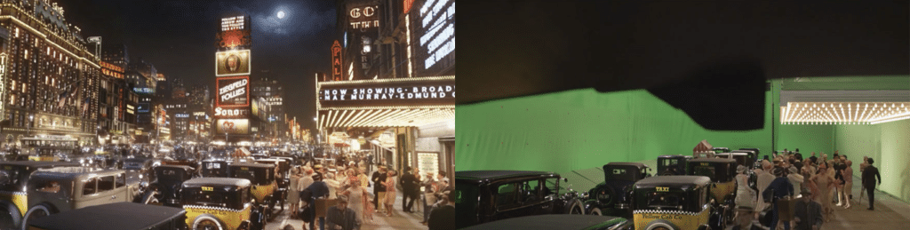 On the left, a bustling 1920s street scene at night; on the right, the same scene transforms with a green screen backdrop and crew using CGI, which stands for computer-generated imagery.