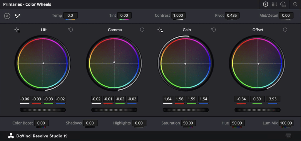 Discover the DaVinci Resolve Studio 19 interface, where Primaries - Color Wheels offer controls for Lift, Gamma, Gain, and Offset. Unveil the secrets of color grading as you adjust sliders for Color Boost, Shadows, Highlights, Saturation, and Hue to perfect your art.