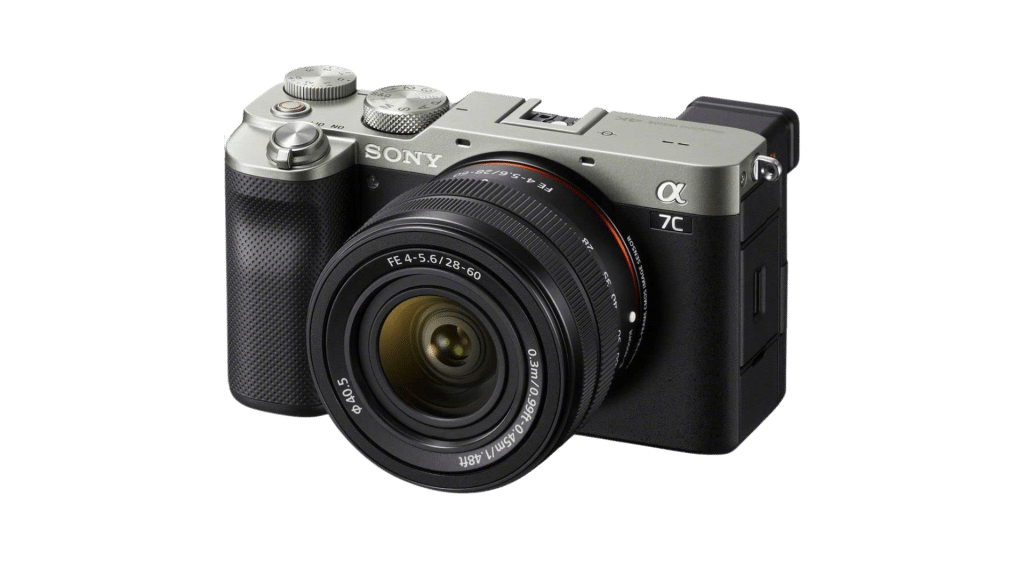 A Sony Alpha 7C camera with a large lens, featuring a silver top and black body, angled slightly to the right.