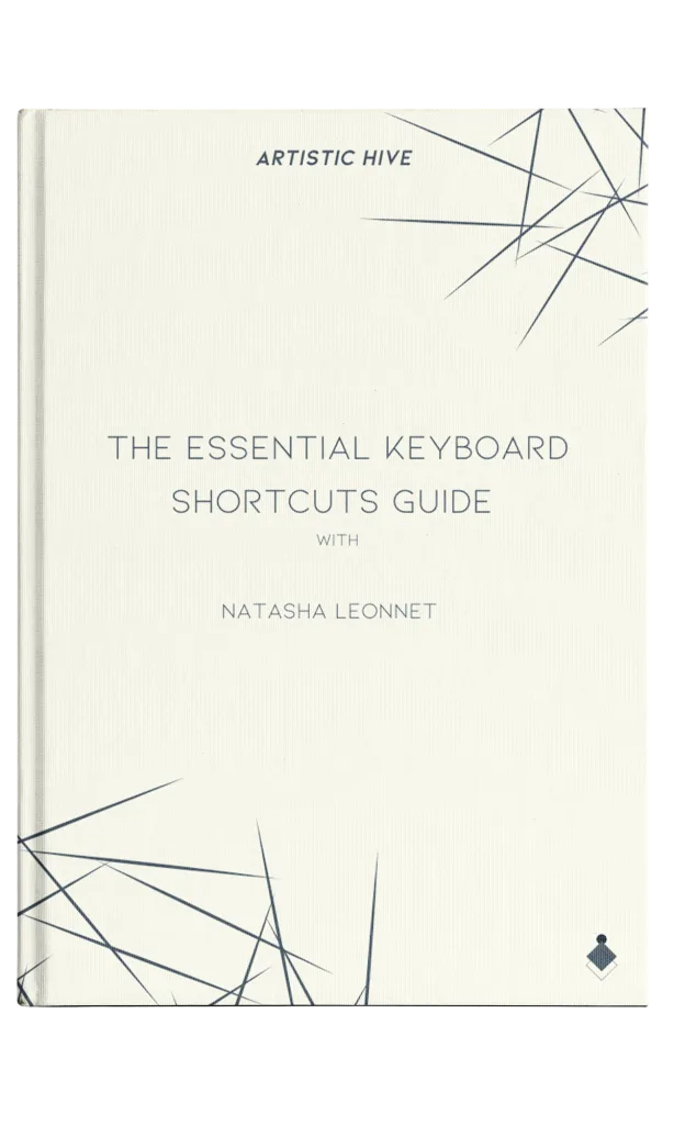 Cover of "The Essential Keyboard Shortcuts Guide" by Natasha Leonnet, featuring abstract line designs and minimalist typography.