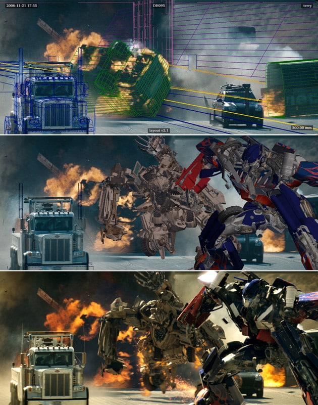 Three stages of a CGI animation process showcase a scene with two trucks and robots in a fiery urban setting. From top to bottom: wireframe, untextured models, and fully rendered scene demonstrate the evolution of Computer-Generated Imagery (CGI).